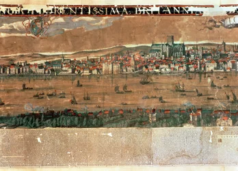 Ansicht von London mit den Theatern Swan, Rose und Globe und St. Paul